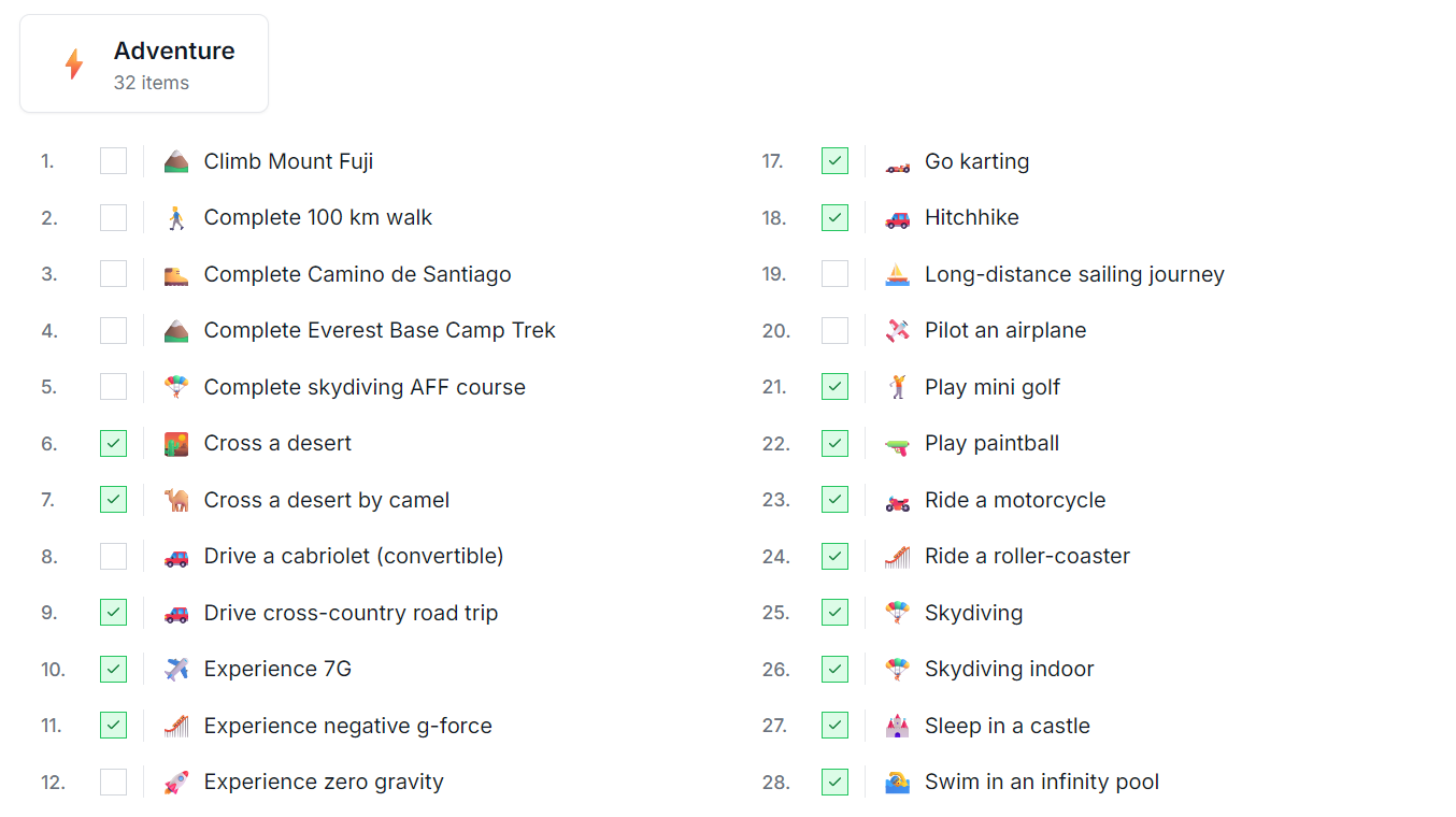 One Page Bucket List