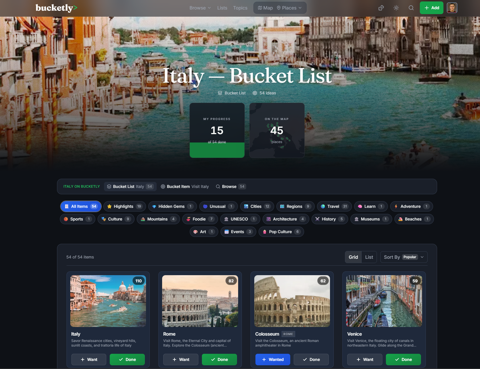 Bucket List pages - photo hero, progress and filters